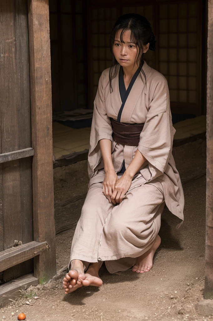 Middle-aged female prisoner Prison implements Dirty bare feet Disheveled Hair A tattered, thin, persimmon-colored kimono Japanese Crying in a dark, narrow cell Dirt Sweaty Chains on ankles
