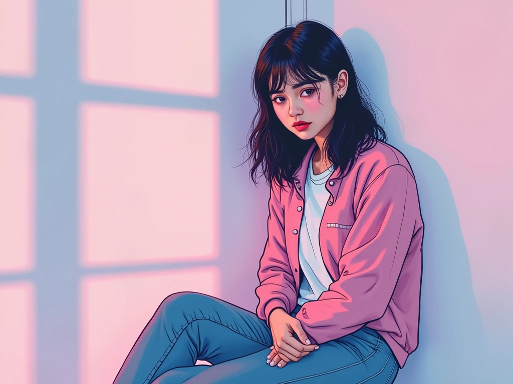 , creating an atmosphere of sadness or despair. She appears distressed or sad as she sits alone against a light-colored wall. This illustration captures the essence of emotional turmoil and loneliness, high resolution photography, in pink and blue tones, pop art style, vibrant colors