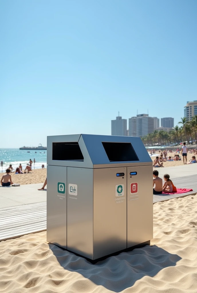 a smart trash can, with compartments, It has a rectangular shape, therefore, very large in silver color and made of steel with acrylic, made for outdoor environments only, therefore, staying in the place of the landfills, it has a display and a control sensor. Que ela seja bem realista e seja lots, lots, lots grande e esteja na areia ou no calçadão da praia