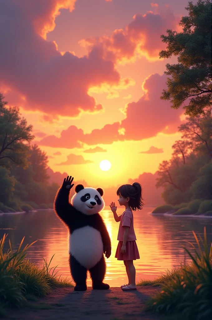 The panda and Marina standing by the river, with the sun setting in the background, painting the sky with warm colors, as they wave goodbye with a promise to meet again.