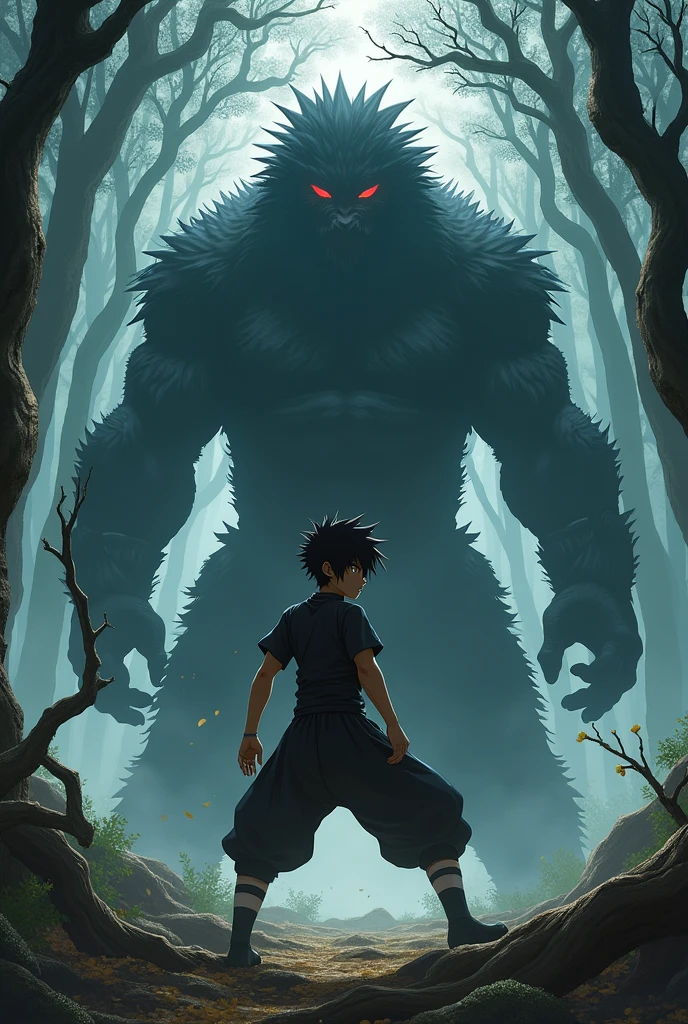 Megumi Fushiguro, half-spiked black hair, black jujutsu clothing, with the Mahoraga