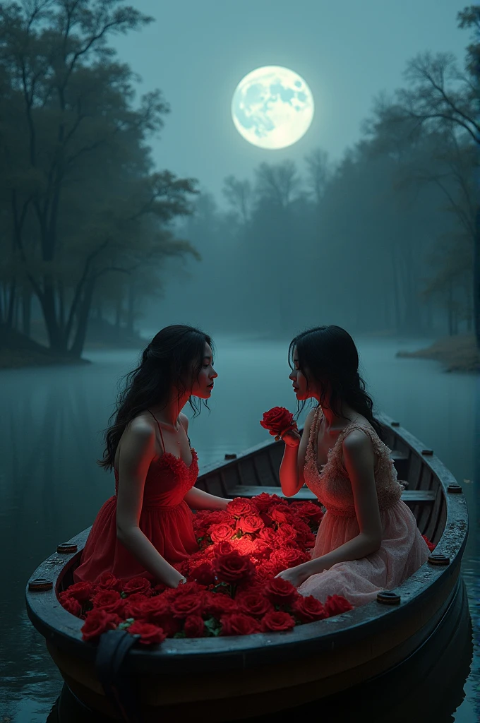 I'm taking photos for a new concept album. Girl group concept photo shoot with a giant boat full of roses on a cold and mysterious night.