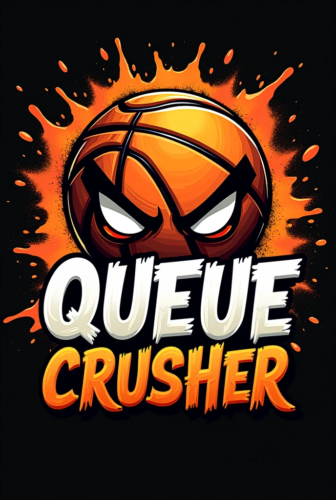 Queue Crusher logo with unique font with angry basketball backgound