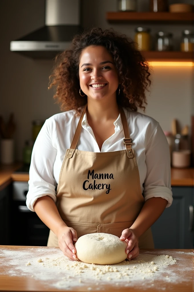 25 year old curvy girl making bread dough, wearing an apron with the inscription "Manna Cakery" with a background of a modern oven and other bakery equipment. Photography ,16k ,hyperrealistic