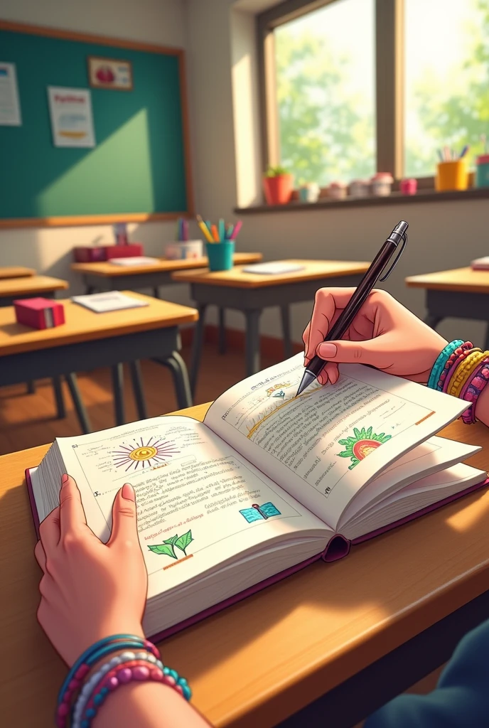 Open the book, pen,hand, illustration,Close-up screen,Classroom Background
