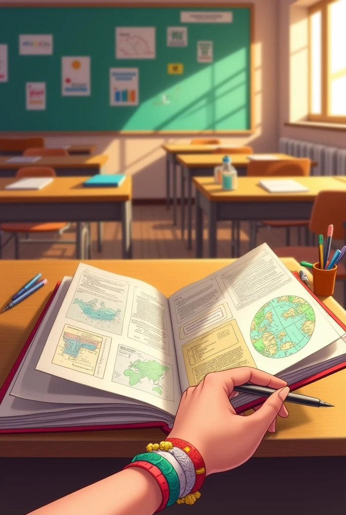 Open the book, pen,hand, illustration，Close-up screen，Classroom Background