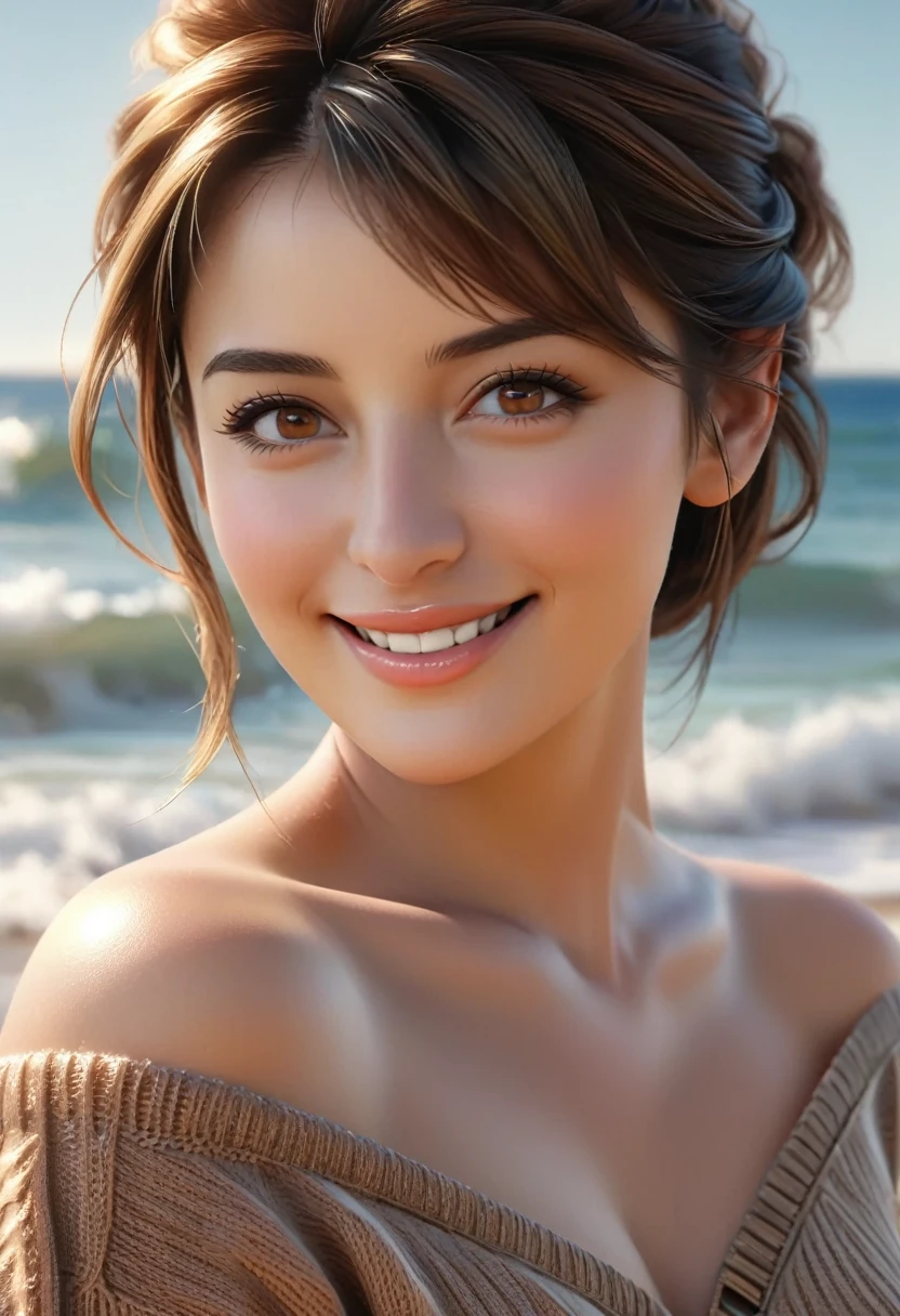 (Best Quality, 4K, 8K, High Resolution, Masterpiece: 1.2), (Super Detailed, Realistic, Photorealistic:1.37)A captivating young girl, Her enchanting eyes are exquisitely detailed, capturing every glimmer and depth, while her lips boast a meticulous beauty that is both captivating and alluring. The level of detail extends to her entire face, each contour and feature meticulously rendered to perfection, creating a sense of hyper-realism that draws the viewer in. 

The girl's attire, reminiscent of oil painting art, is a work of art in itself. The fabric, skillfully crafted to resemble vibrant brushstrokes, adds a touch of dynamism to her overall appearance. It is a true reflection of the artist's talent, showcasing a mastery, (NSFW:1.5), Chignon hairstyle, beautiful nipples, 1 beautiful woman, photorealistic, ultra detailed, high resolution, 8K wallpaper, light brown hair, South Sea beach, sharp focus, perfect dynamic composition, realistic and finely drawn beautiful eyes, finely drawn hair, fine and realistic skin texture, smiling, close-up portrait, model body shape, (Representative Works: 1.3), (8k, photorealistic, raw photos, Highest image quality: 1.4), (30 years old mature woman),small face, beautiful face, (realistic face),no makeup、natural makeup、light makeup、 (Dark brown, short hair: 1.3), beautiful hairstyle, realistic eyes, beautiful detailed eyes, (Photorealistic skin), beautiful skin, (sweater),、Bust d Cup、 disorganized, Charm, 超High definition, Super realistic, High definition, golden ratio, FF Tifa、,sunny day beach background,