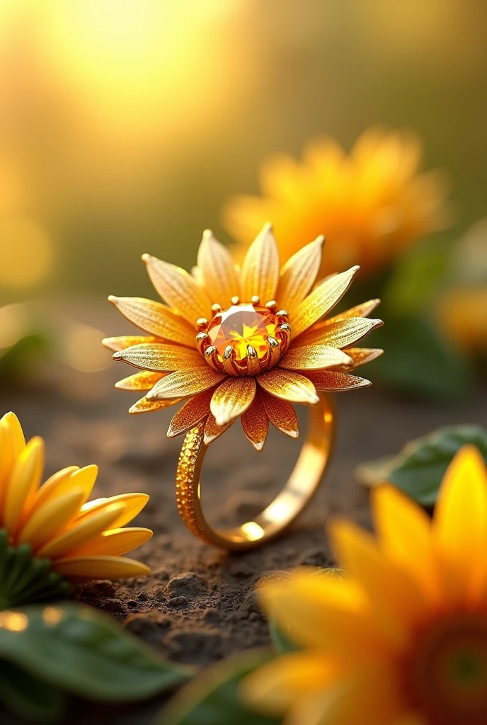 Beautiful 3D modeling rendering of a golden sunflower flower ring with a yellow gems