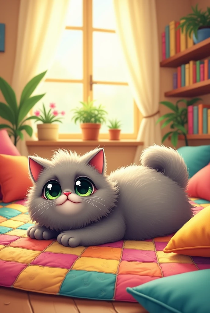 Grey and furry Persian cat cartoon image