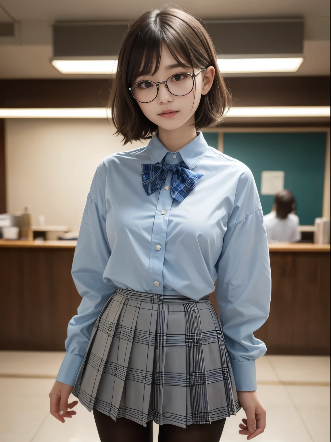 (8k、生photograph、 Highest quality、masterpiece:1.2)、(Short Hair)、(Small eyes)、((Black Pantyhose))、((Small breasts)、(Small breasts)、(Small breasts)、(Cutting board)、(Half an eye))、((Sleepy eyes))、((Squint your eyes))、(Round Glasses)、Droopy eyes、One person、cute、JK、high school girl、Japanese women、(Are standing)、(PhotoReactive:1.37)、Photon Mapping、Real、(Very delicate face)、round face、cute小さな顔、Brown eyes、(Red bow tie)、Radio City、Physically Based Rendering、Prospect、Character boundary depth、Blurred Background、photograph、、body、Beautiful feet、Long legs、Thin legs、(前hairが見える)、hair、lips、Blue_The目、Soft Nose、(Light blue shirt)、(Navy, blue and white plaid pleated skirt)、High school uniforms、See-through clothing、Thighs、black cotton socks、Nogizaka Idol、Japanese Idol