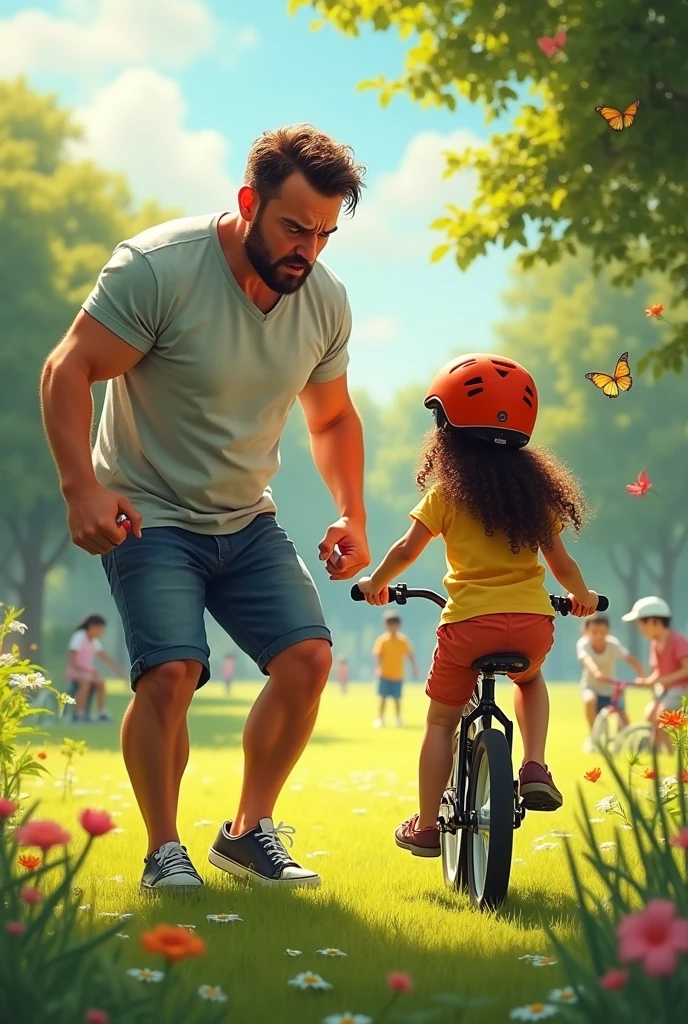 A very angry dad teaching his daughter with long curly hair how to ride a bike.