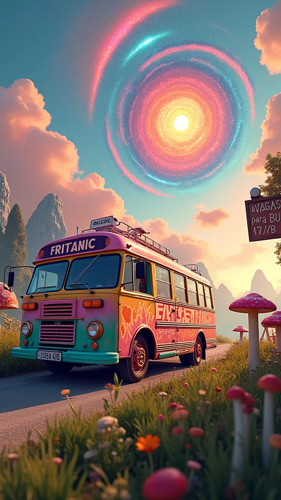 An ultra-realistic and highly detailed image of a tour bus with the name "FRITANIC" written in large, playful letters on the side and front of the vehicle. The bus features a psychedelic and cheerful paint job. The environment exudes positive energy. The bus is traveling on a country road surrounded by beautiful vegetation, flowers, and various psychedelic mushrooms early in the morning. In the sky, a beautiful and psychedelic colorful mandala is forming. The sky has a psychedelic tone. A sign with playful letters reads "VAGAS PARA A BUG 17/08." The scene is captured with a Canon EOS R5 paired with a 24-70mm f/2.8L IS USM lens, ensuring stunning clarity and rich details. The lighting is soft and vibrant, highlighting the psychedelic elements and the lush surroundings. The aspect ratio is 9:16, emphasizing the vertical composition 