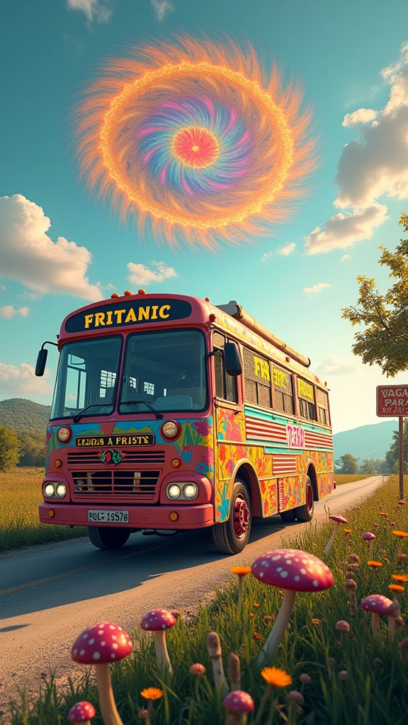 An ultra-realistic and highly detailed image of a tour bus with the name "FRITANIC" written in large, playful letters on the side and front of the vehicle. The bus features a psychedelic and cheerful paint job. The environment exudes positive energy. The bus is traveling on a country road surrounded by beautiful vegetation, flowers, and various psychedelic mushrooms early in the morning. In the sky, a beautiful and psychedelic colorful mandala is forming. The sky has a psychedelic tone. A sign with playful letters reads "VAGAS PARA A BUG 17/08." The scene is captured with a Canon EOS R5 paired with a 24-70mm f/2.8L IS USM lens, ensuring stunning clarity and rich details. The lighting is soft and vibrant, highlighting the psychedelic elements and the lush surroundings. The aspect ratio is 9:16, emphasizing the vertical composition