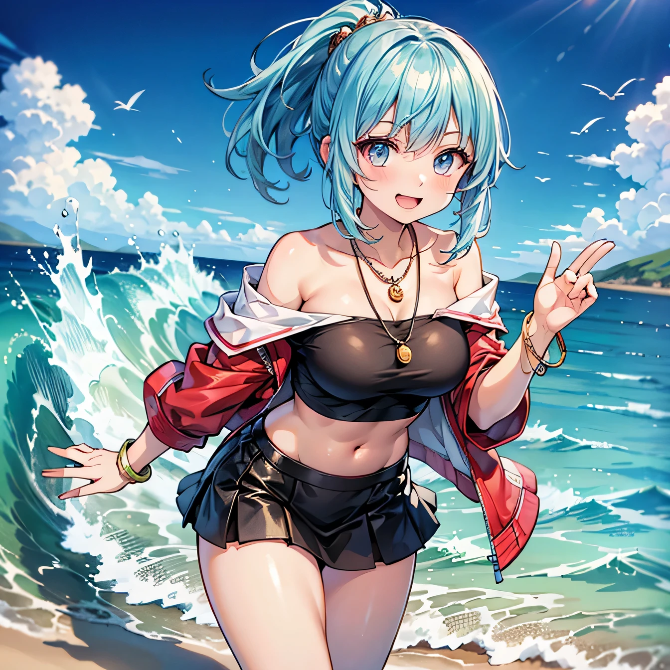 Anime Moe Art Style,Highest quality,High resolution,Anatomically correct,Mid-s,Super detailed,Big Breasts,Shiny skin,Beautiful Skin,A rich expression,Laughing with your mouth open,With her light blue hair in a ponytail,Off-the-shoulder tops,mini skirt,necklace,bracelet,hair ornaments,Outdoor,View the scenery from the observation deck,Wave your hand loudly,Eyes drawn in detail,8k