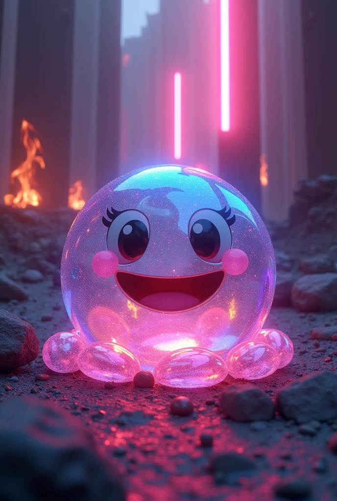 iridescent transparent round slime is smiling, artistic, hyper, graphic CG digital fantasy artwork, background ruins, flames, neon lines