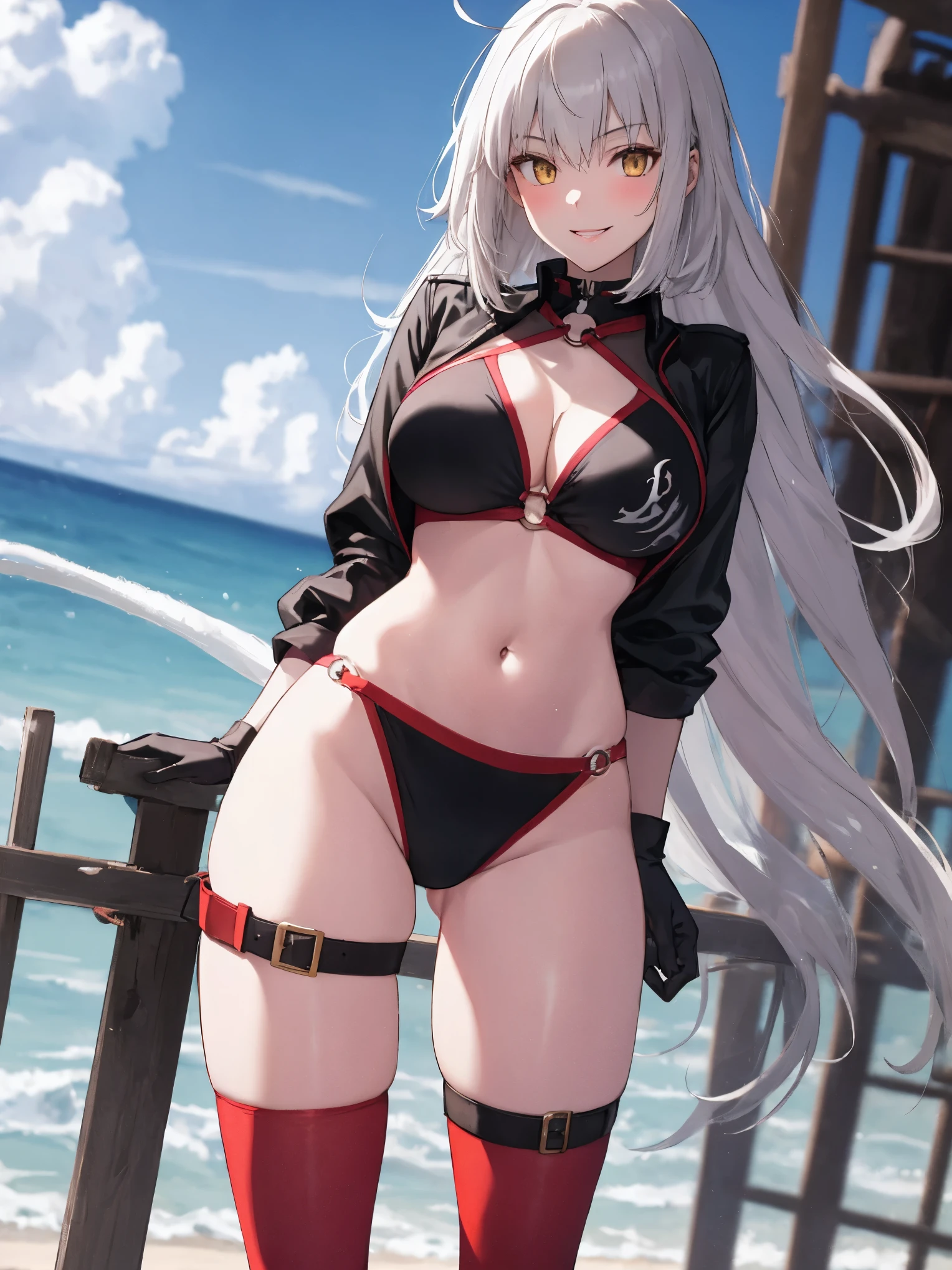 masterpiece, best quality, 1girl, , silver hair, ahoge, gold eyes, shaggy_long_hair,, gigantic_breasts, , blue sky_beach_landscape,covered_groin,covered_nipples,solo,young_teen,,open_legs,,crotch_armor,cowboy_shot,crotch, asymmetrical legwear, long hair, bikini, black bikini, black gloves, gloves, long sleeves, navel, o-ring, o-ring bikini, o-ring bottom, o-ring top, puffy long sleeves, puffy sleeves, red legwear, single thighhigh, swimsuit, thigh strap, thighhighs, uneven legwear,smile,nihil,open_mouth,angry,glare,dynamic_standing,jeanne D'arc alter,