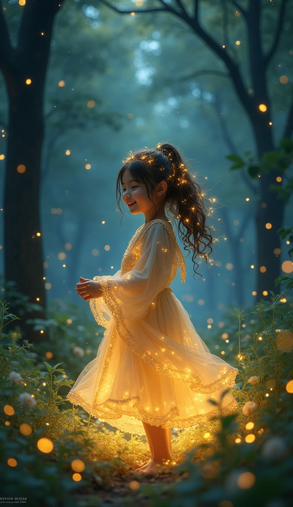 1 Girl, ,,giggle, High-definition images, A woman, Her hair is decorated with glowing fireflies, Her eyes sparkled with a captivating light.. Wearing a robe woven from moonlight, She stood in a mysterious forest,The trees there are full of life. on site, Bathe in the ethereal glow of fireflies, captured in the style of a magical forest ar台灣ork., (masterpiece, best quality, Official Art,Intricate details:1.2)