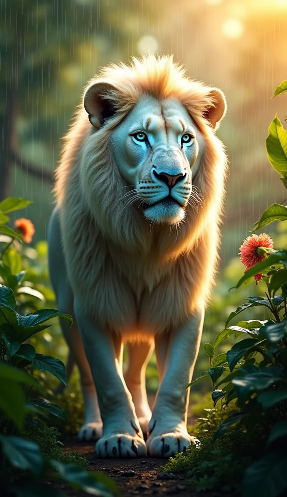 Create an ultra realistic 8k image of an albino lion with blue eyes, Strong and beautiful, in the jungle at sunrise and raining
