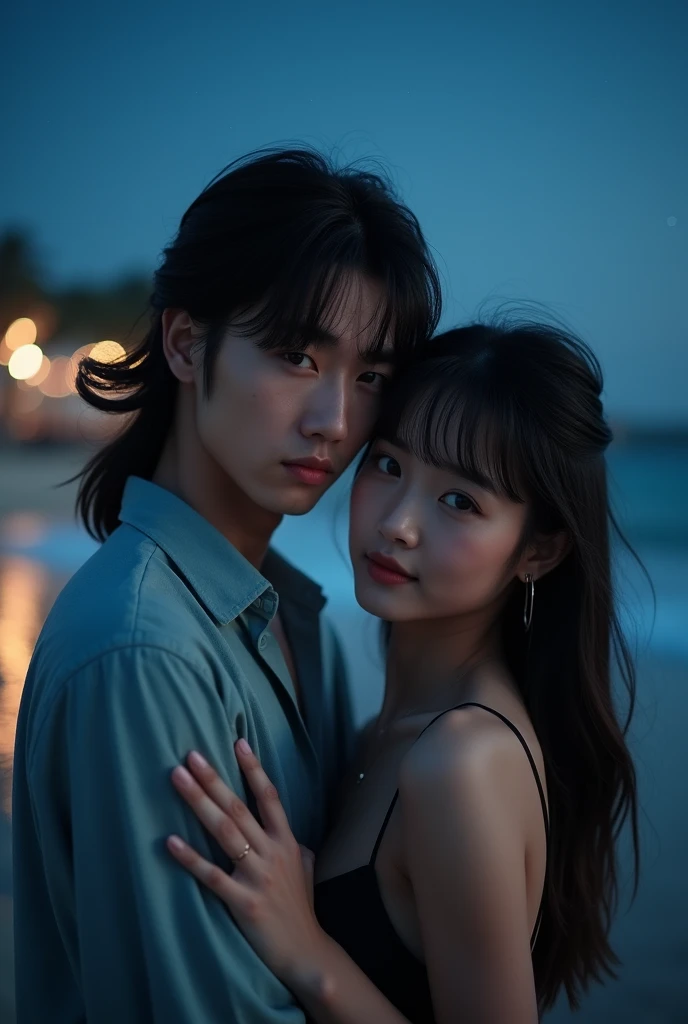 A stunning photograph of korean man had a long hair and tied up with bangs, he is hugging with woman. Warm beach setup wonderful night. they both seeing to camera, shoted dimmed light with 150mm lens, perfect ratio photo
