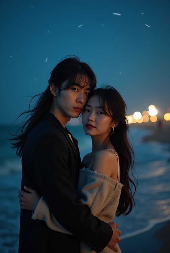 A stunning photograph of korean man had a long hair and tied up with bangs, he is hugging with woman. Warm beach setup wonderful night. they both seeing to camera, shoted dimmed light with 150mm lens, perfect ratio photo