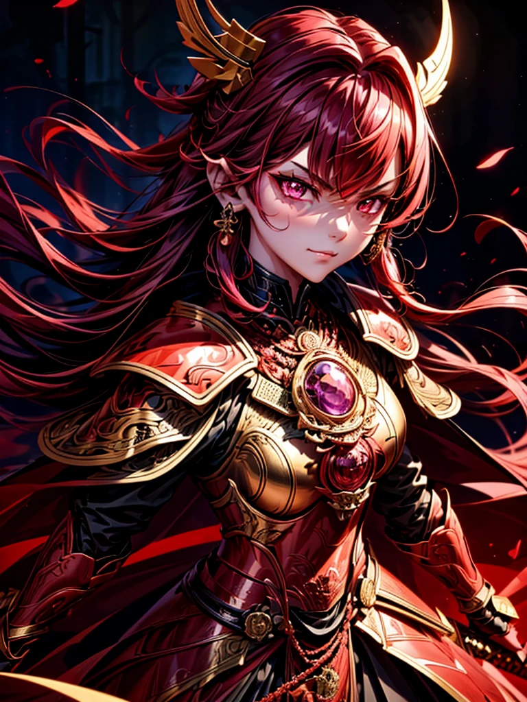 best quality,4K,high resolution),Ultradetailliert,realistisch,portrait, Lila Samurai Sukkubus mit einen katana dunkelrotem Haar, a purple-dark red armor with gold neon lights with gold trim and glowing red eyes, Leuchtende Farben, delicate features, seductive glance, Charming smile, wallende Haare, sanfte Beleuchtung