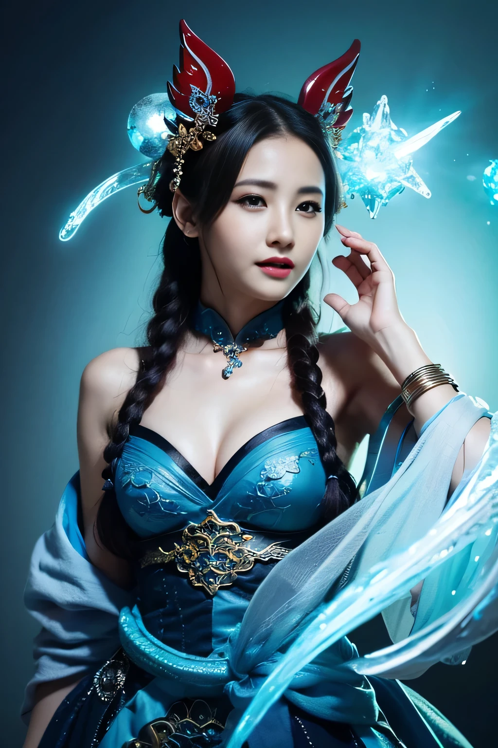 *8k Masterpiece, Top Quality, Best Quality, Official Art, (Beauty and Aesthetics: 1.3), Extremely Detailed, (Fractal Art: 1.3), Colorful, Ice and Chinese Dragon, Serpentine Body, Claw, Cyan and 1 Woman, Han Woman's Media, Hanfu, Cyan