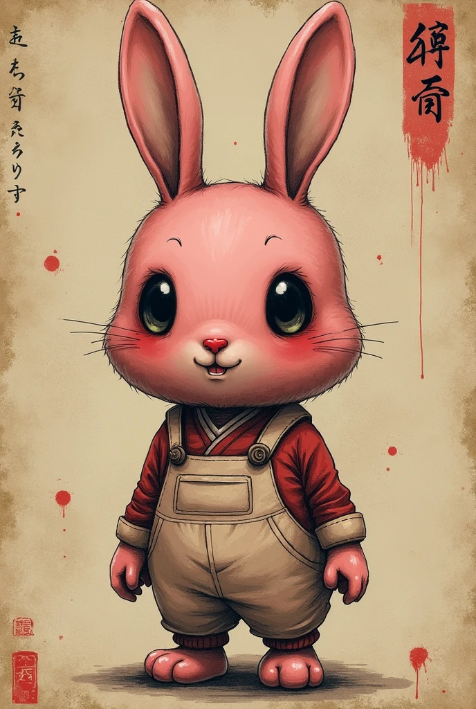 (masterpiece: 1.2, Highest quality),(Pink Rabbit)、Japanese painting, rough sketch, Horror elements、Full body portrait,((Jump scares)),crazy illustration, antique, Dark atmosphere
