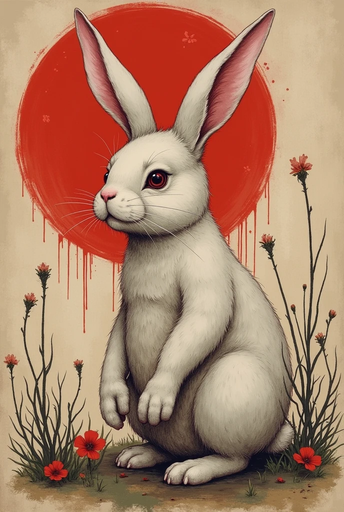 (masterpiece: 1.2, Highest quality),(Pink Rabbit)、Japanese painting, rough sketch, Horror elements、Full body portrait,((Jump scares)),crazy illustration, antique, Dark atmosphere
