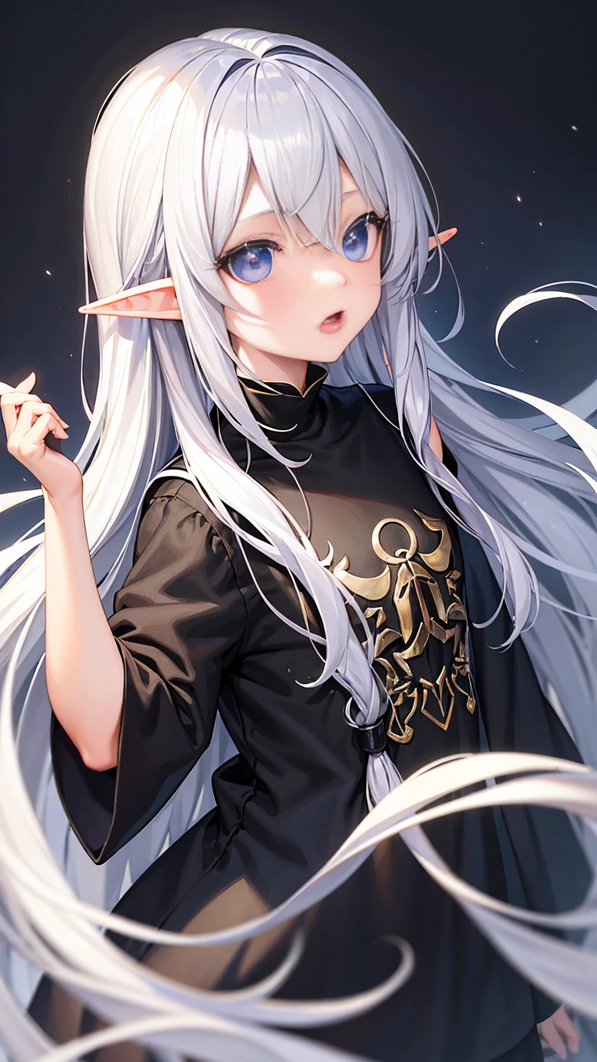 One Elf Girl、8--old、ium-long silver hair、Silver Eyes、He has a surprised expression with his eyes and mouth wide open.、Wearing only a large, black T-shirt with half sleeves、