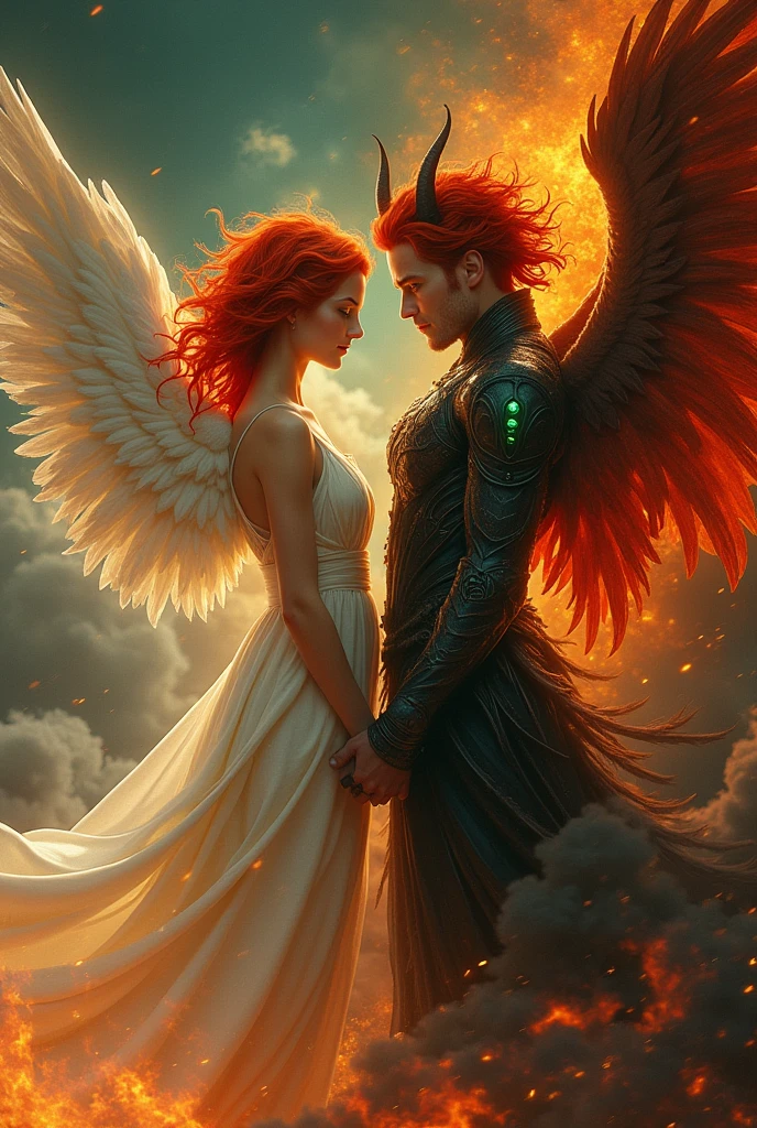 A red-haired angel with blue eyes and a handsome red-haired demon with green eyes, and they are siblings.