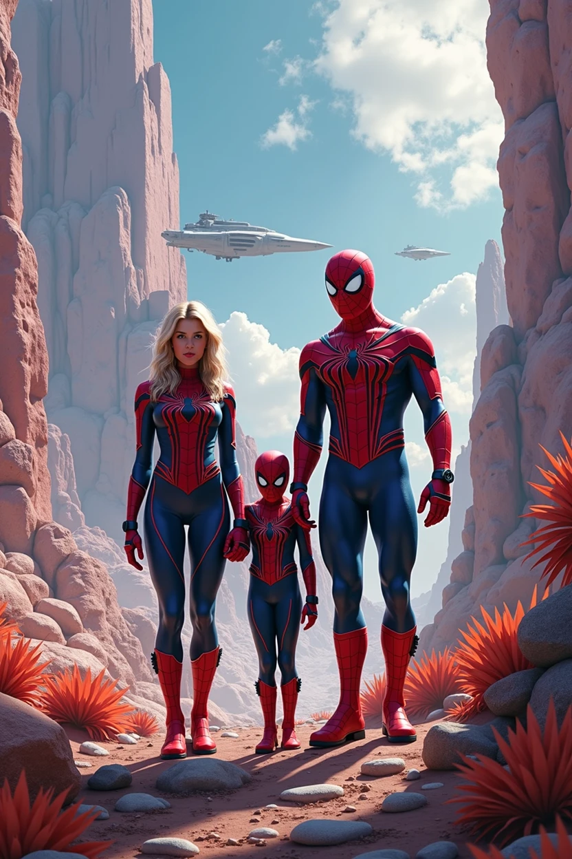 A majestic spiderman family standing on a mysterious planet, embodying the technological splendor of the Star Trek universe, Dune, Star Wars, The spiderman are portrayed with a sense of power and mystery, surrounded by an aura of imperial forces and technology. The scene is depicted with elements of empire and grandiose. The image quality is (best quality,4k,8k,highres,masterpiece:1.2), ultra-detailed, (realistic,photorealistic,photo-realistic:1.37), with HDR, UHD, and vivid colors. The artwork is created in an illustrative style, capturing the essence of mankind's greatest visions of a utopian future