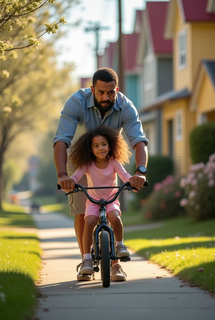 A very angry dad teaching his daughter with long curly hair how to ride a bike.