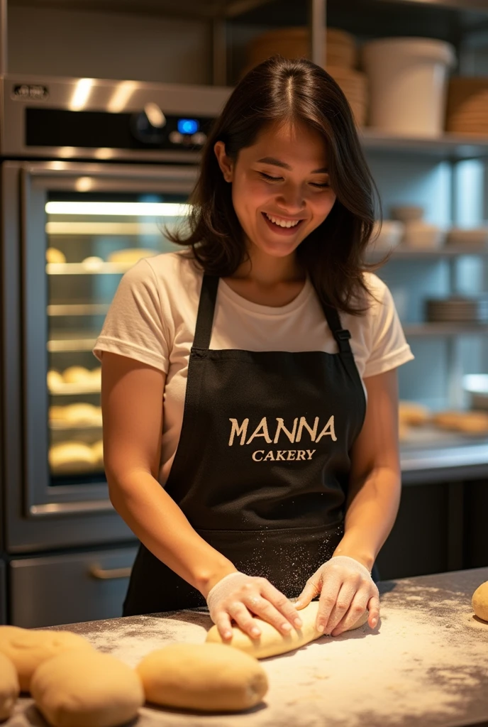 curvy girl age, asia, shoulder length hair, 25 years old making bread dough, wearing an apron with the inscription "Manna Cakery" with a background of a modern oven and other bakery equipment. Photography ,16k ,hyperrealistic