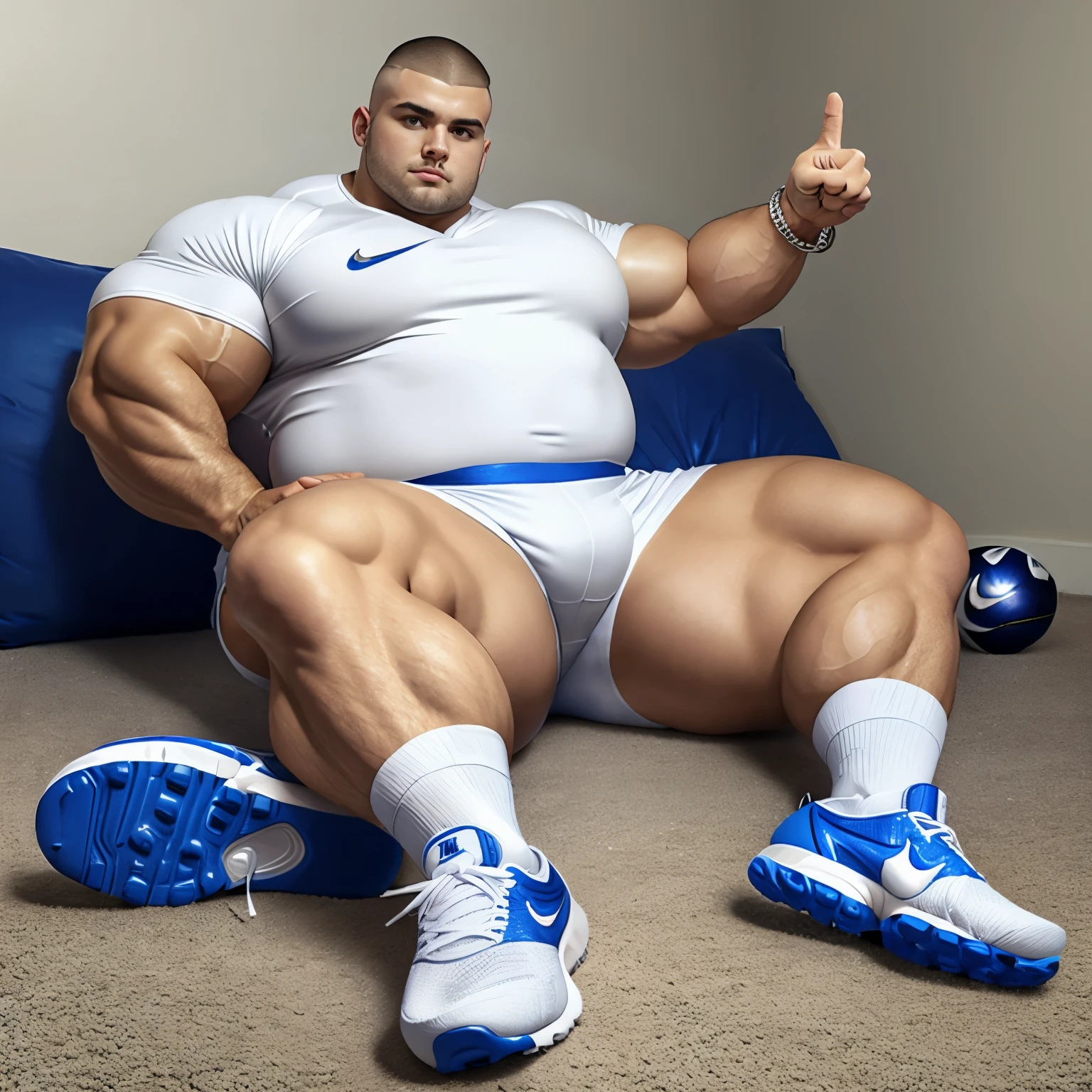 full body, a young chubby fat white european handsome guy with short clean shaved undercut haircut, wearing metallic-blue shiny rubber shirt, white Nike lycra shorts, long white high soccer socks, white Nike vapormax sneakers, white Nike cap, silver chunky chains, bracelets, rings, lying on the floor, arrogantly looking at us, pointing his feet, in a sparsely furnished and dirty room 