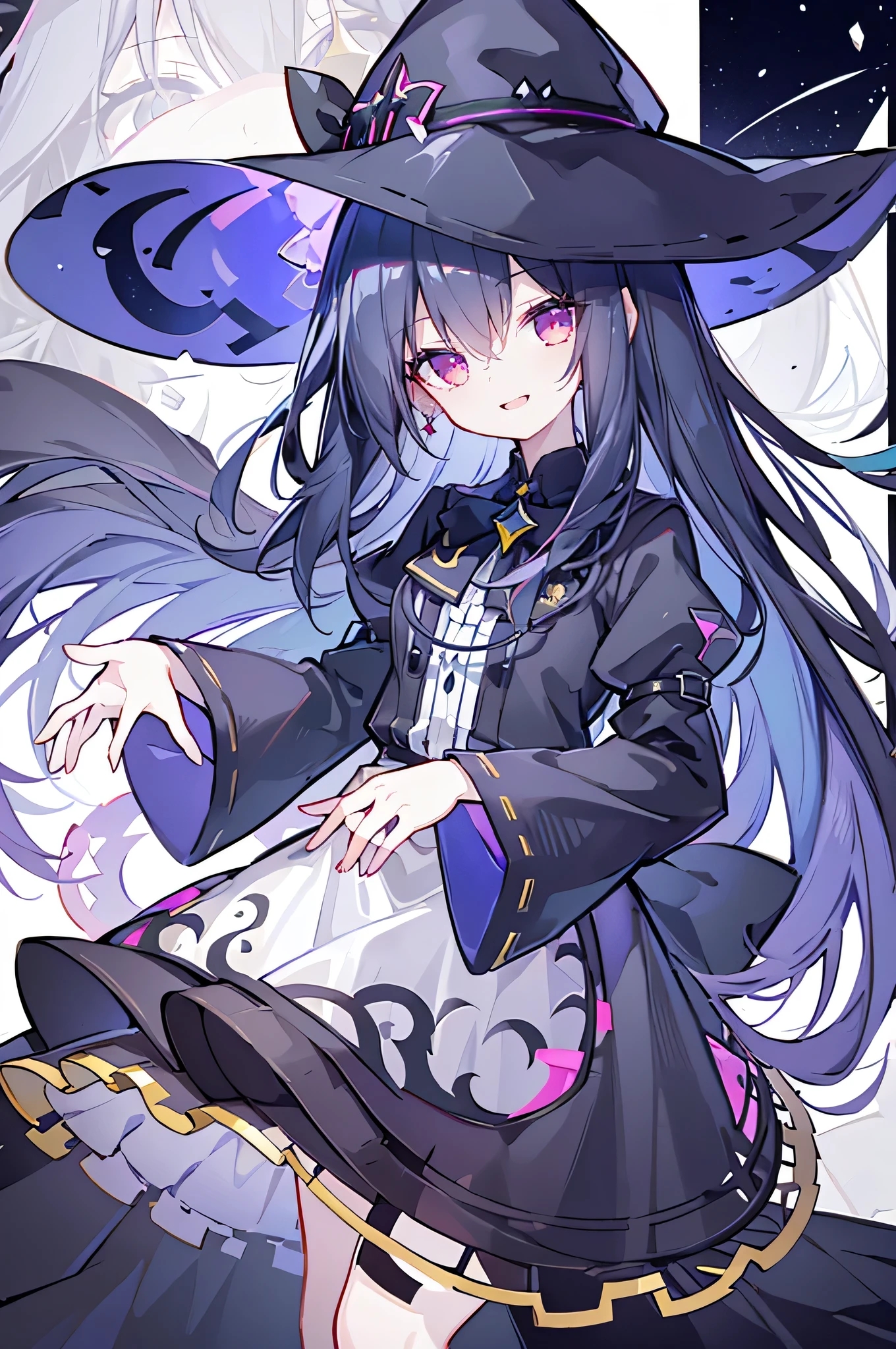 oung Girls,Humanity,A magician always smiles,big witch hat,cute,dark blue long hair,The eyes are dull,The bangs are heavy,Thin eyebrows,fantasy,intake,Double teeth,Star Theme,Constellation pattern,Solid color clothetal decoration,cloak,A bit of a dark atmosphere,A little crazy smile,When the big moon shines outside at night,blood,Hair black star embellishment,Short tie,No nails,High waist skirt,Bell sleeves,Long-sleeved shirt,Black tie,low risk,gentlemen。Mist、Yellow and white effect,Shocking pink as an accent color