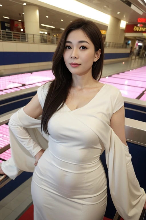 Mall，Riding an Escalator，top to bottom，40 Years Old Adult、japanese girl、Low-cut、sexy, big bust,sensitive skin、masterpiece、beautiful breasts、high quality、very beautiful、Face HD、Makeup is very light、Glowing and Beautiful Skin、Beauty of Transparency、reality、looking at the camera、skin whitening、full body shape、Yoga Wear，standing