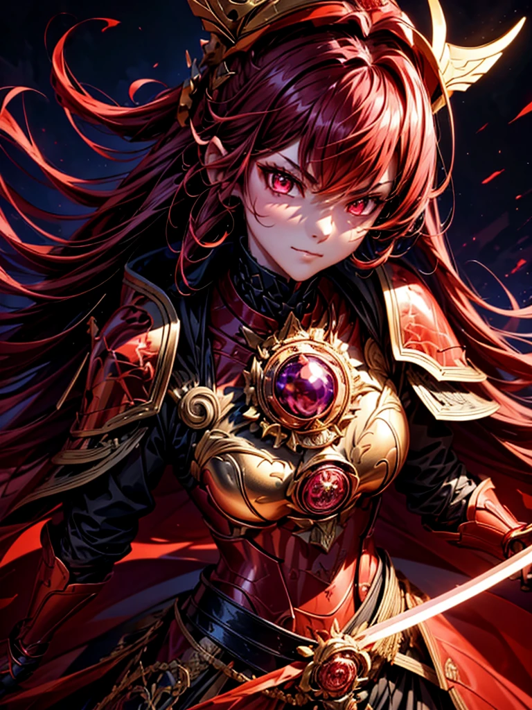 best quality,4K,high resolution),Ultradetailliert,realistisch,portrait, Lila Samurai Sukkubus mit einen katana dunkelrotem Haar, a purple-dark red armor with gold neon lights with gold trim and glowing red eyes, Leuchtende Farben, delicate features, seductive glance, Charming smile, wallende Haare, sanfte Beleuchtung