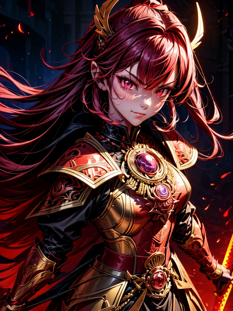 best quality,4K,high resolution),Ultradetailliert,realistisch,portrait, Lila Samurai Sukkubus mit einen katana dunkelrotem Haar, a purple-dark red armor with gold neon lights with gold trim and glowing red eyes, Leuchtende Farben, delicate features, seductive glance, Charming smile, wallende Haare, sanfte Beleuchtung