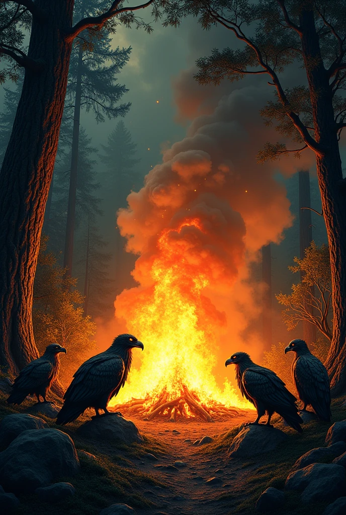 a fire in the middle of the forest protected by vultures for a comic book
