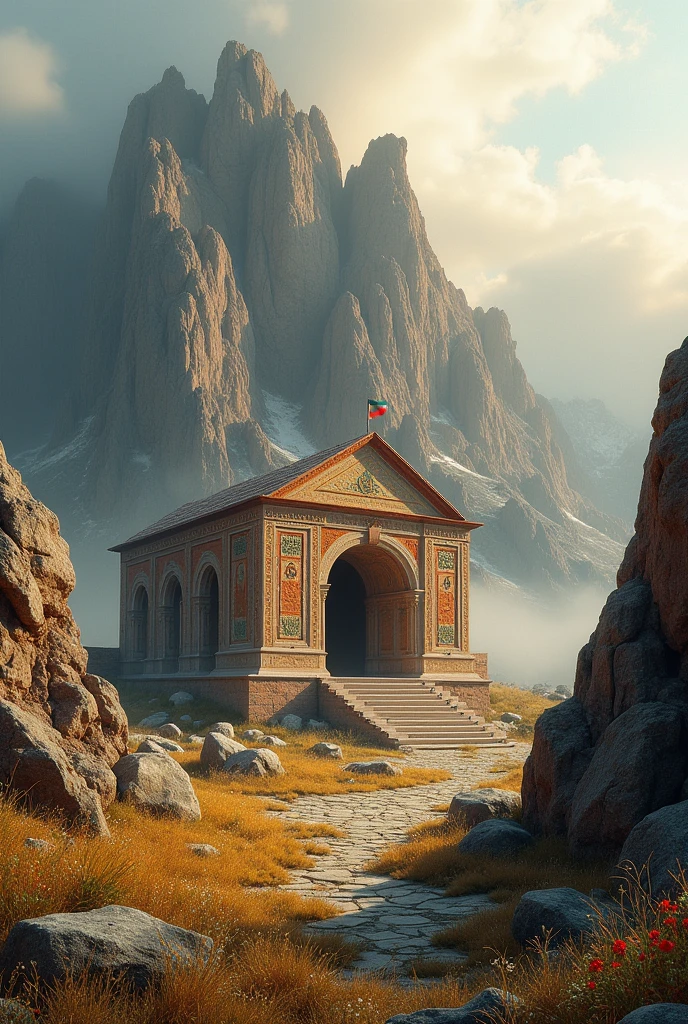 Preparing a Nahchivan poster. The tomb of the believer, mountain