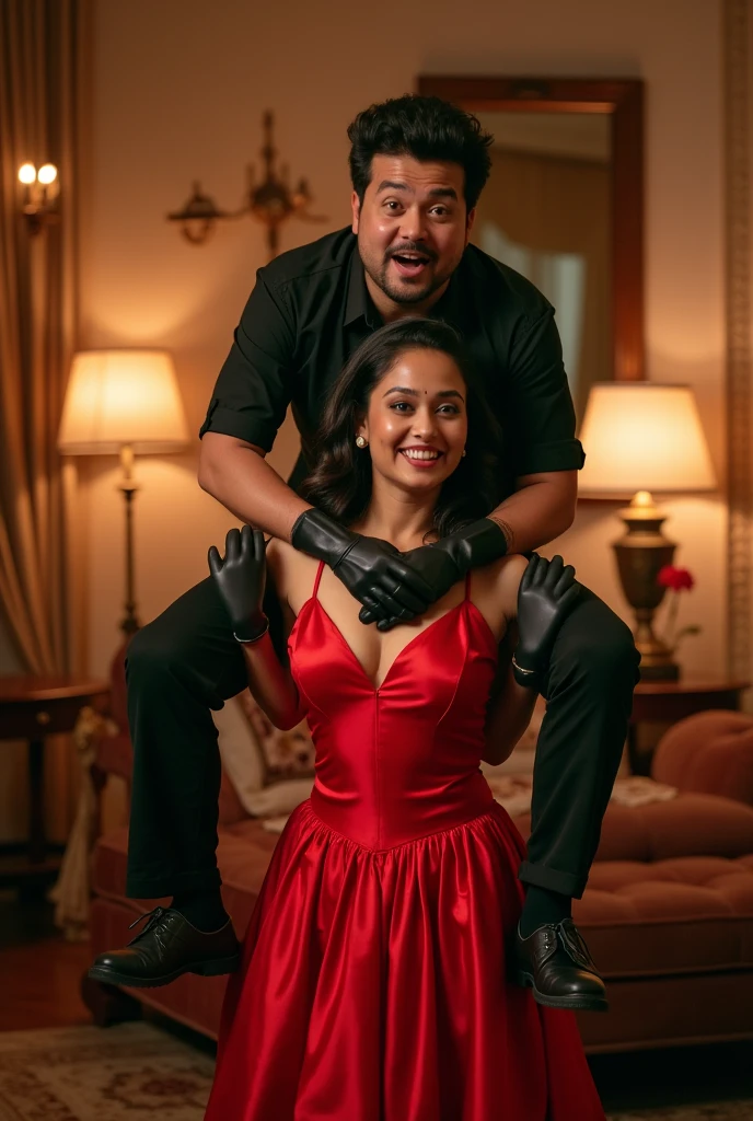 Create a realistic photograph of a smiling and beautiful indian actress in red satin carrying a large stout man on her shoulders in a room, man is sitting on top of her shoulders , man on top, woman standing at bottom , she is wearing black gloves