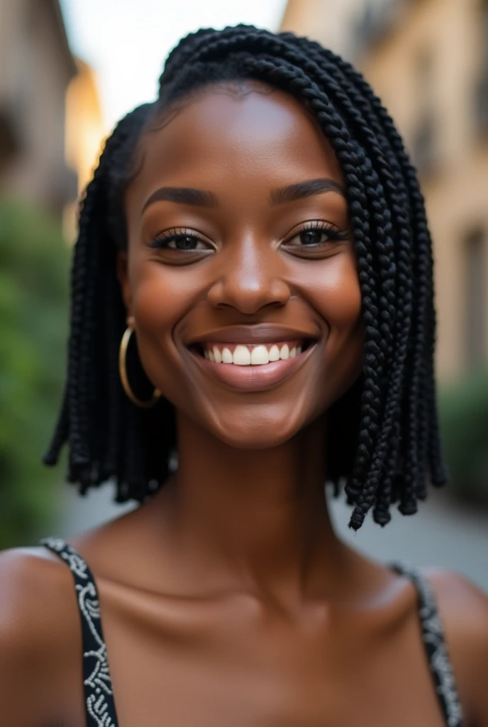 A slim Black woman with short hair crouching bob box braid having dimples, big lips, gaps between her teeth and a narrow short nose facing camera with far smile