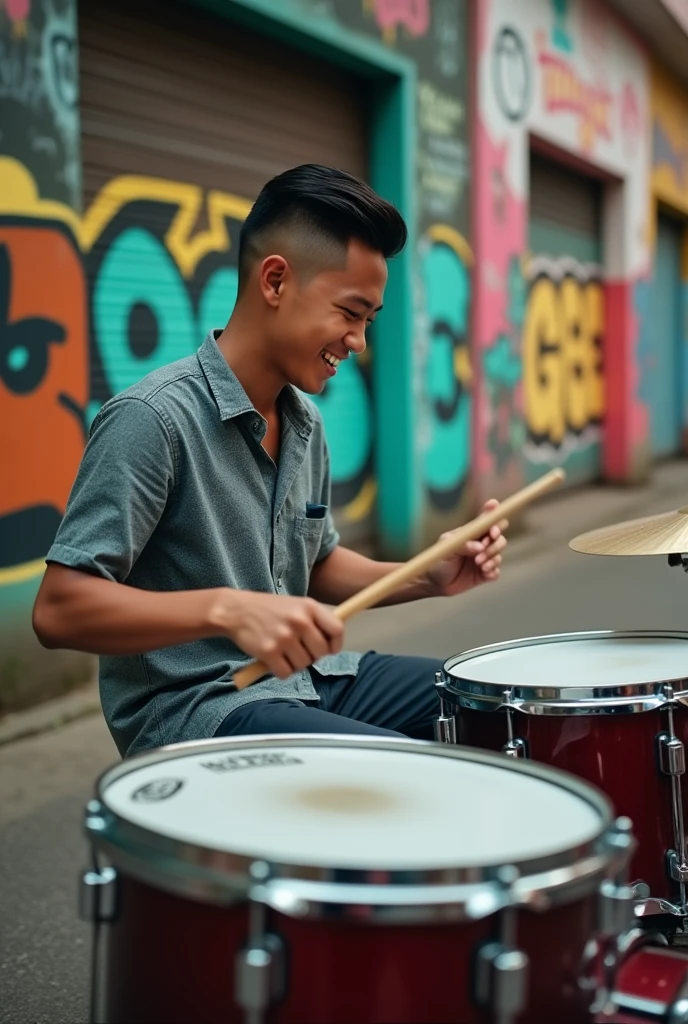 An 18-year-old Indonesian man is wearing a shirt. ,haircut (short slicked back) skinny and short body playing drums looks very real, 360 low angle photography, 8k