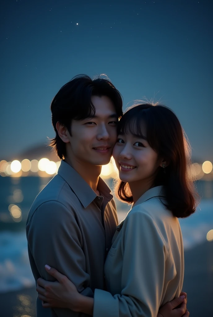 A stunning photograph of korean man had a shoulder length hair and tied up with bangs, he is hugging with woman. Warm beach setup wonderful night. they both seeing to camera, shoted dimmed light with 150mm lens, perfect ratio photo