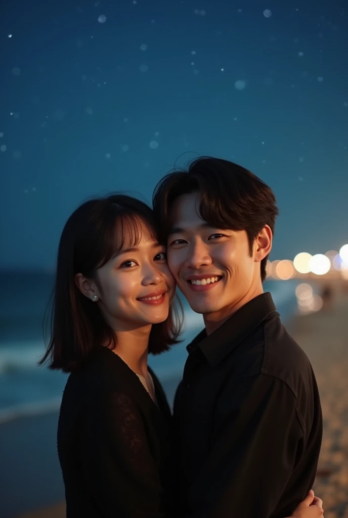 A stunning photograph of korean man had a shoulder length hair and tied up with bangs, he is hugging with woman. Warm beach setup wonderful night. they both seeing to camera, shoted dimmed light with 150mm lens, perfect ratio photo