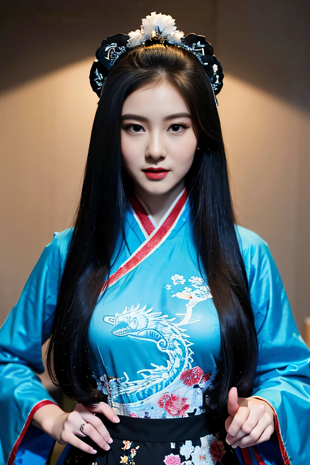 *8k Masterpiece, Top Quality, Best Quality, Official Art, (Beauty and Aesthetics: 1.3), Extremely Detailed, (Fractal Art: 1.3), Colorful, Ice and Chinese Dragon, Serpentine Body, Claw, Cyan and 1 Woman, Han Woman's Media, Hanfu, Cyan