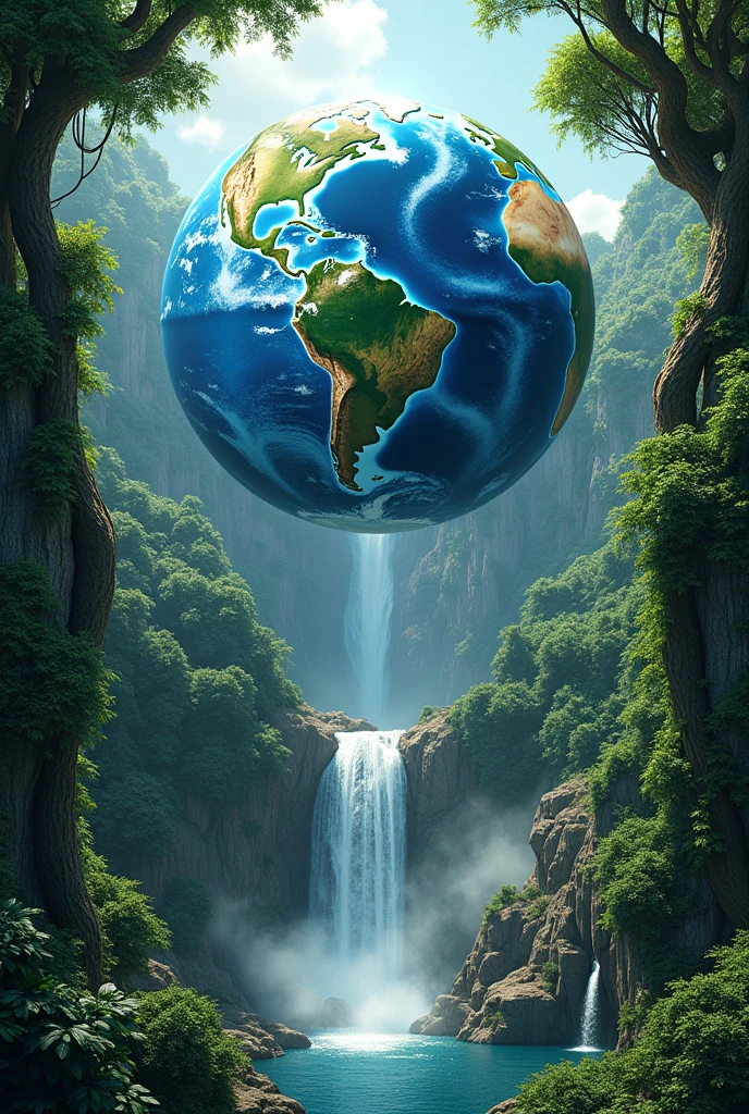 masterpiece, Best quality, (чрезвычайно подробные обои CG Unity 8k), (Best quality), (Best illustrations), (BEST SHADOWS), Earth, suspended in the air, with vines at the base , with tropical forest on both sides, with waterfalls, falling from above, isometric 3D, Octane rendering, Ray tracing, super detailed