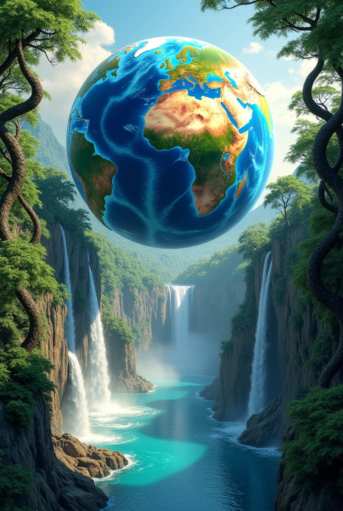 masterpiece, Best quality, (чрезвычайно подробные обои CG Unity 8k), (Best quality), (Best illustrations), (BEST SHADOWS), Earth, suspended in the air, with vines at the base , with tropical forest on both sides, with waterfalls, falling from above, isometric 3D, Octane rendering, Ray tracing, super detailed