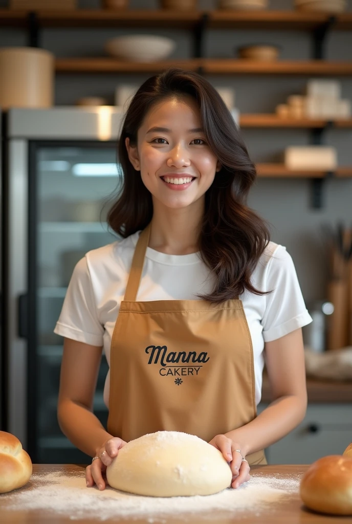 busty girl age, asia, shoulder length hair, 25 years old making bread dough, wearing an apron with the inscription "Manna Cakery" with a background of a modern oven and other bakery equipment. Photography ,16k ,hyperrealistic
