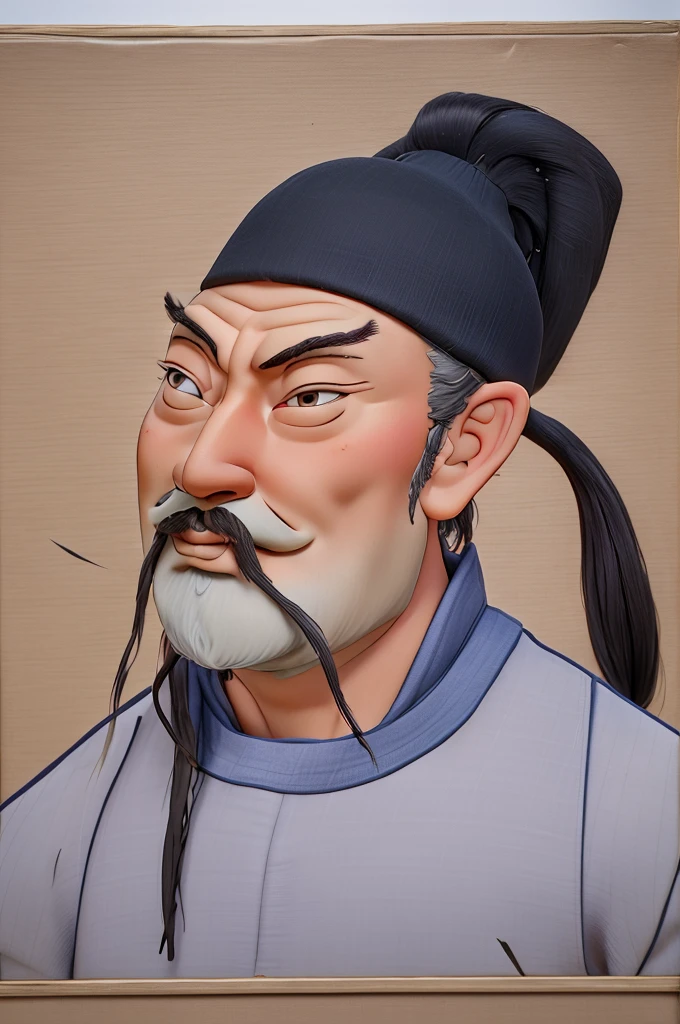 HD, (The finest details), (best quality), Disney, Li Bai,Ancient Chinese poet,1boy,Male focus,solo,Facial hair,hat,traditional media,Black Hair,Moustache,beard,Ponytail,Black headdress,Japanese Clothing,Upper body